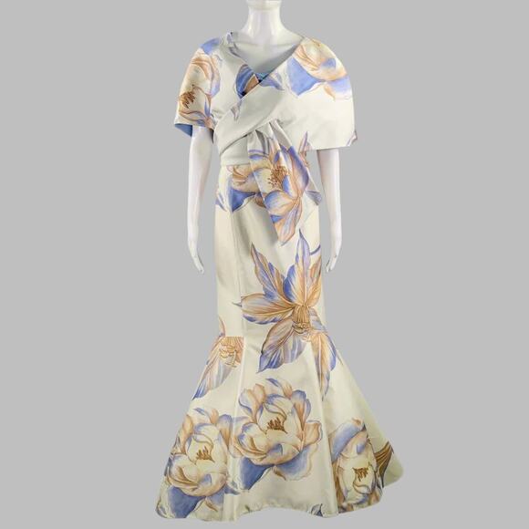 RIZIK BROS. Size 6 Cream Blue Tan Silk Floral Shawl Strapless Gown - Picture 1 of 10